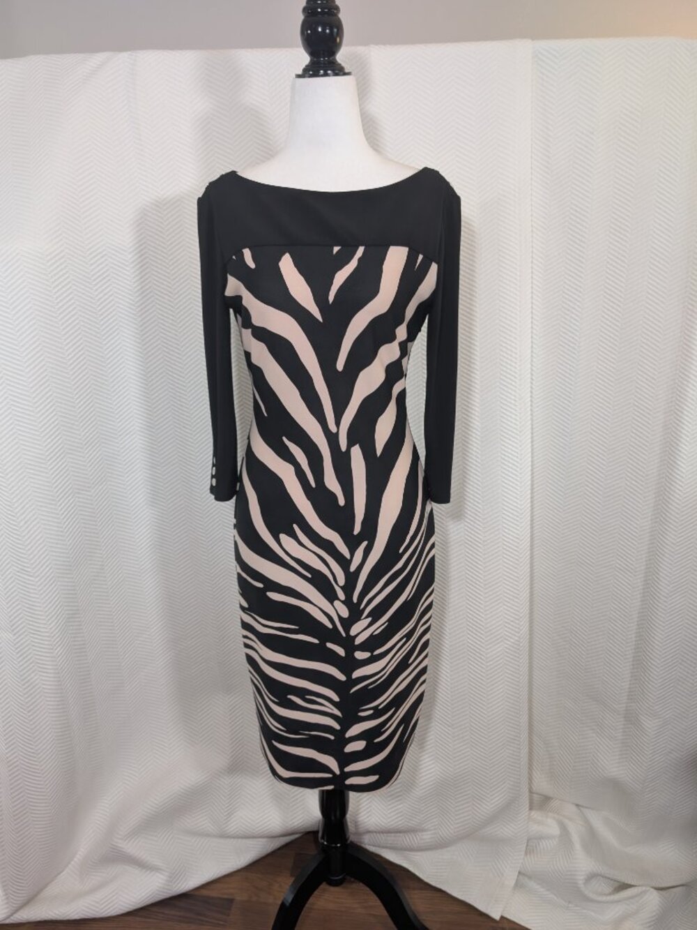Joseph Ribkoff Zebra Print Dress Black & Beige Size 6 Stretch Cocktail Wedding
